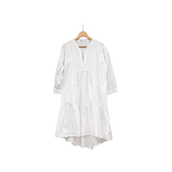 ZARA White Poplin Tiered Midi Dress XS High Low Hem Pockets Boho Chic - Picture 2 of 5
